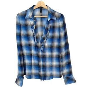 BCBG Maxazria Blue Plaid Ruffle Neck Silk Long Sleeve Top M